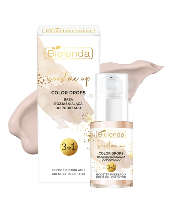 11/2025 Bielenda Boost Me Up Color Drops Baza Rozjaśniająca 3w1 Booster Podkładu Krem BB Korektor 15ml