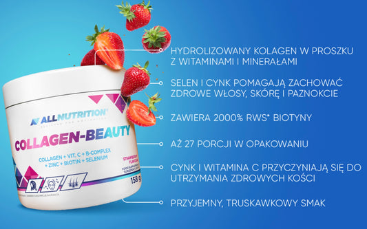 Allnutrition Collagen-Beauty Hydrolizowany Kolagen Wołowy z Kompleksem Witamin i Minerałów Strawberry 158g