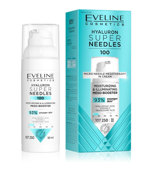 Eveline Super Needles Hyaluron 100 Nawilżająco – Rozświetlający Mezo-Booster na Dzień i na Noc 50ml