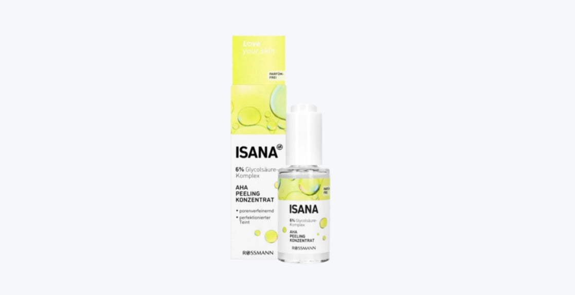ISANA Love Your Skin
Koncentrat peelingujący z kwasami AHA, 6% kwasem glikolowym
