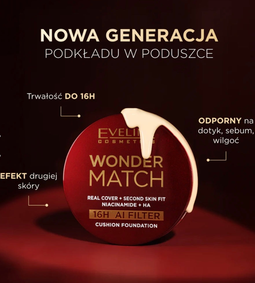 Eveline WONDER MATCH 02 vanila 
Kryjący podkład cushion z niacynamidem i kwasem hialuronowym