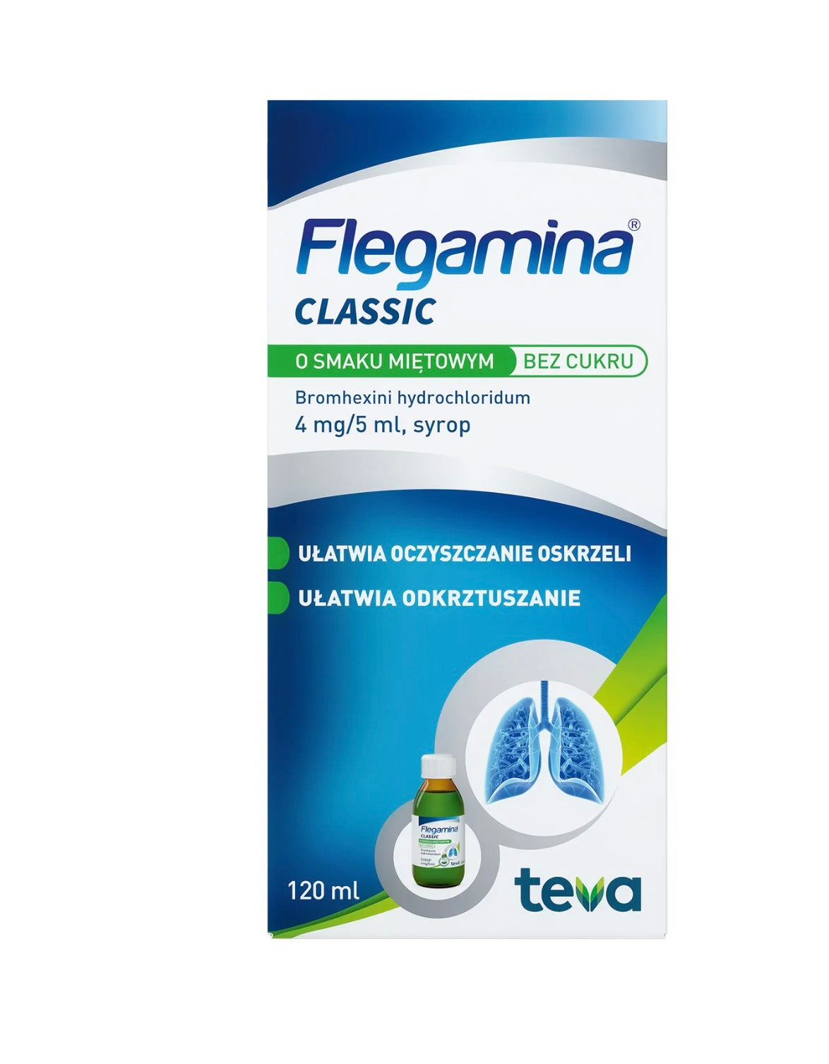 Flegamina Classic o smaku miętowym bez cukru 4 mg/ 5 ml, syrop, 120 ml