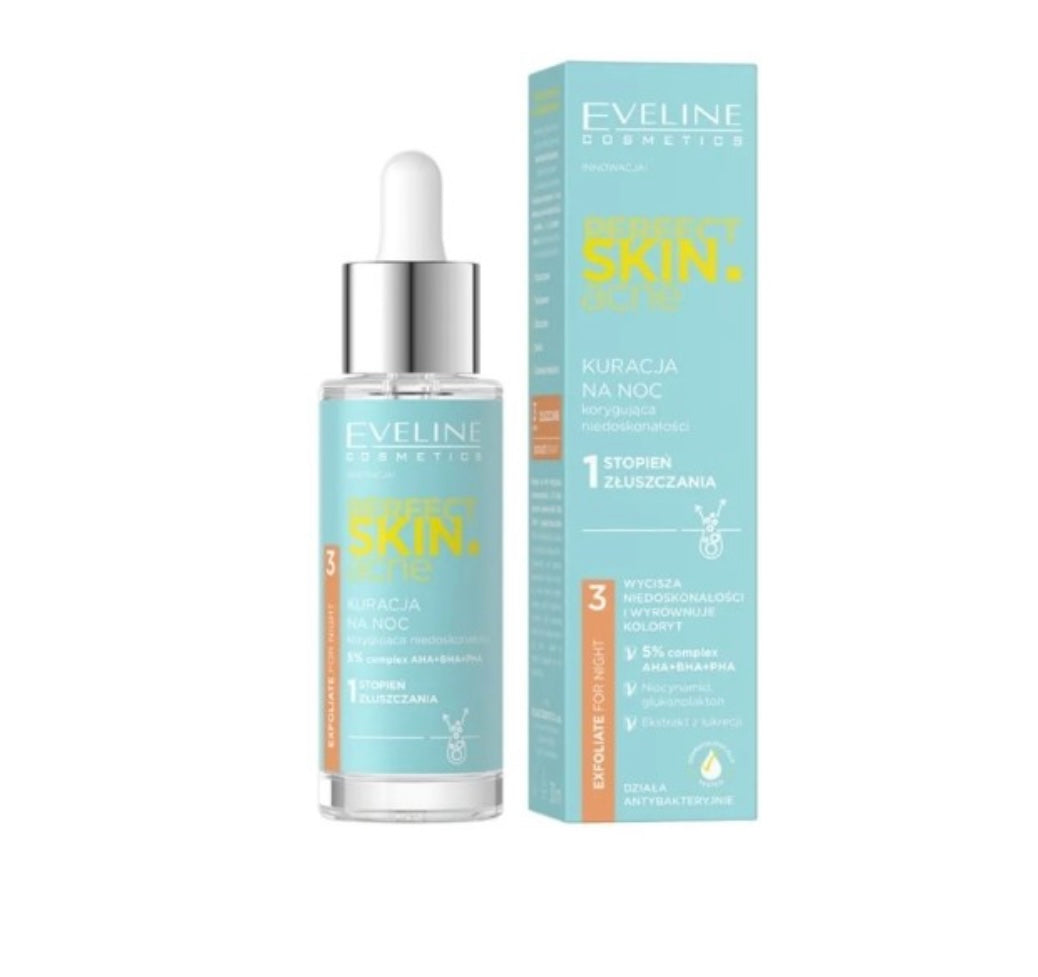 Eveline Perfect Skin Acne Kuracja na noc korygująca niedoskonałości 1 stopień złuszczania 30 ml(07-09-2026)