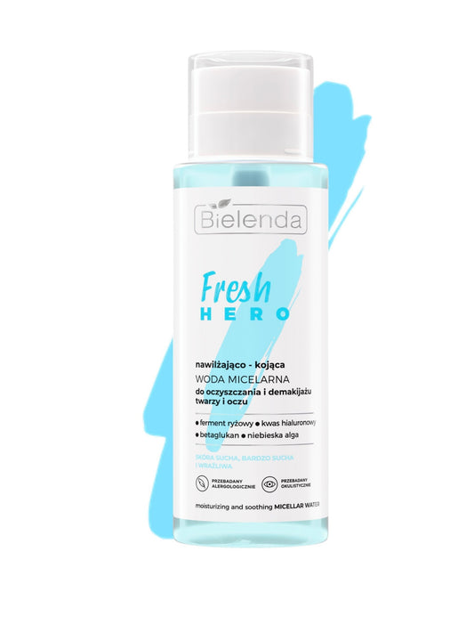Bielenda Fresh Hero Nawilżająco – Kojąca Woda Micelarna do Oczyszczania i Demakijażu Twarzy i Oczu dla Skóry Suchej i Bardzo Suchej 400ml