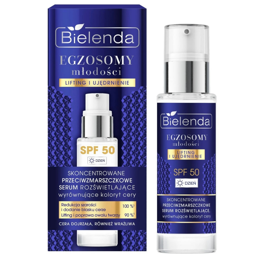 Bielenda Exosomes of Youth Skoncentrowane Przeciwzmarszczkowe Serum Rozświetlające Wyrównujące Koloryt cery SPF50 na Dzień 30ml
