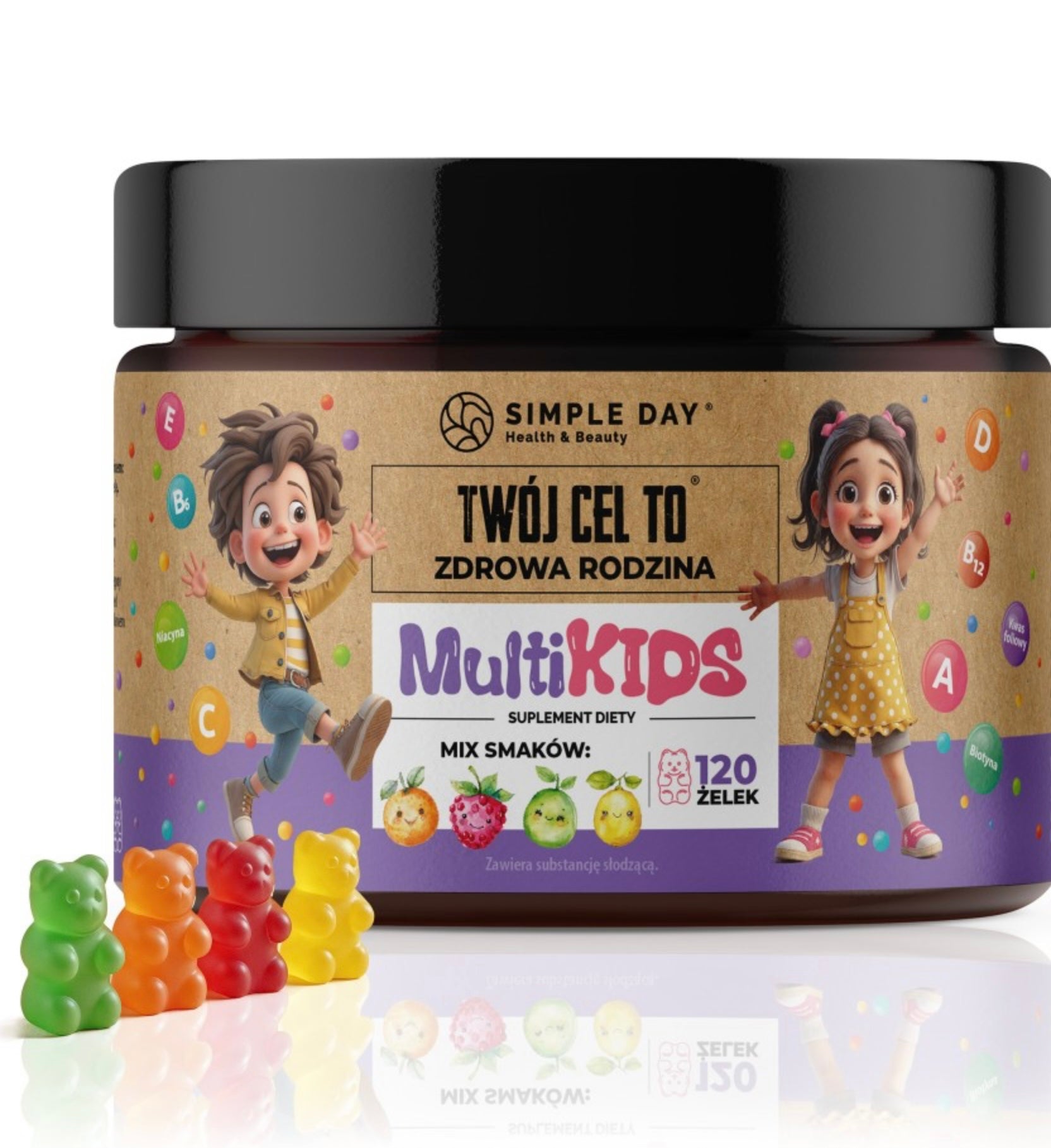 Twój cel MultiKids – 4 smaki
Witaminy, które dzieci zjadają z radością.
120 żelek