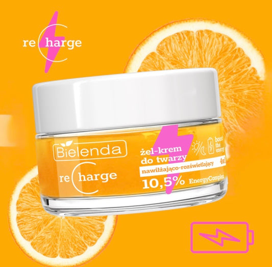 Bielenda Recharge Boost the Energy Nawilżająco Rozświetlający Żel - Krem do Twarzy 4w1 dla Skóry Odwodnionej i Pozbawionej Blasku na Dzień i na Noc 50ml